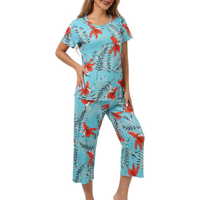 Jamicy Pyjama Doux pour Femmes, Haut à Manches Courtes Imprimé avec Cordon de Serrage, Ensemble de Pyjama pour Dames, Confortable, Col Rond, Tenue de Détente