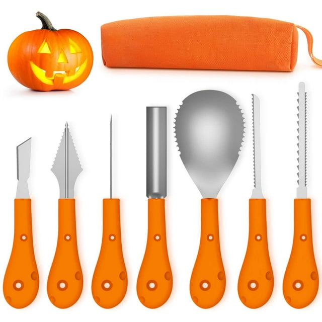 Ensemble de Sculpture de Citrouilles d'Halloween, Outils en Acier Inoxydable Professionnels et Robustes, Ensemble de Sculpture de Citrouilles avec Étui de Transport (7 Pcs)