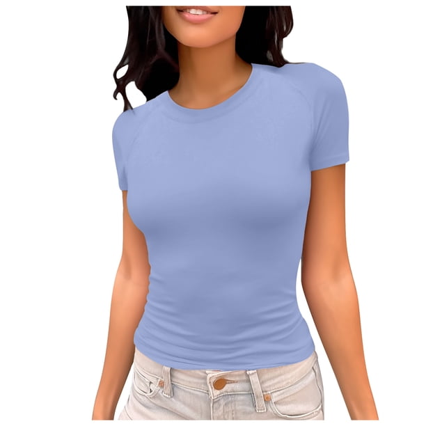 Camiseta de manga corta ajustada y moderna para mujer: corte ajustado y sexy, versátil con vaqueros/pantalones cortos, tejido suave para el verano, talla real, lavado en frío.