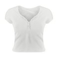 thumbnail image 4 of Njoeus Women's Basic Crop Top Button Up V-Neck Shirts Casual Summer Short Sleeve T-Shirt Slim Fitting Tee Tops, 4 of 9