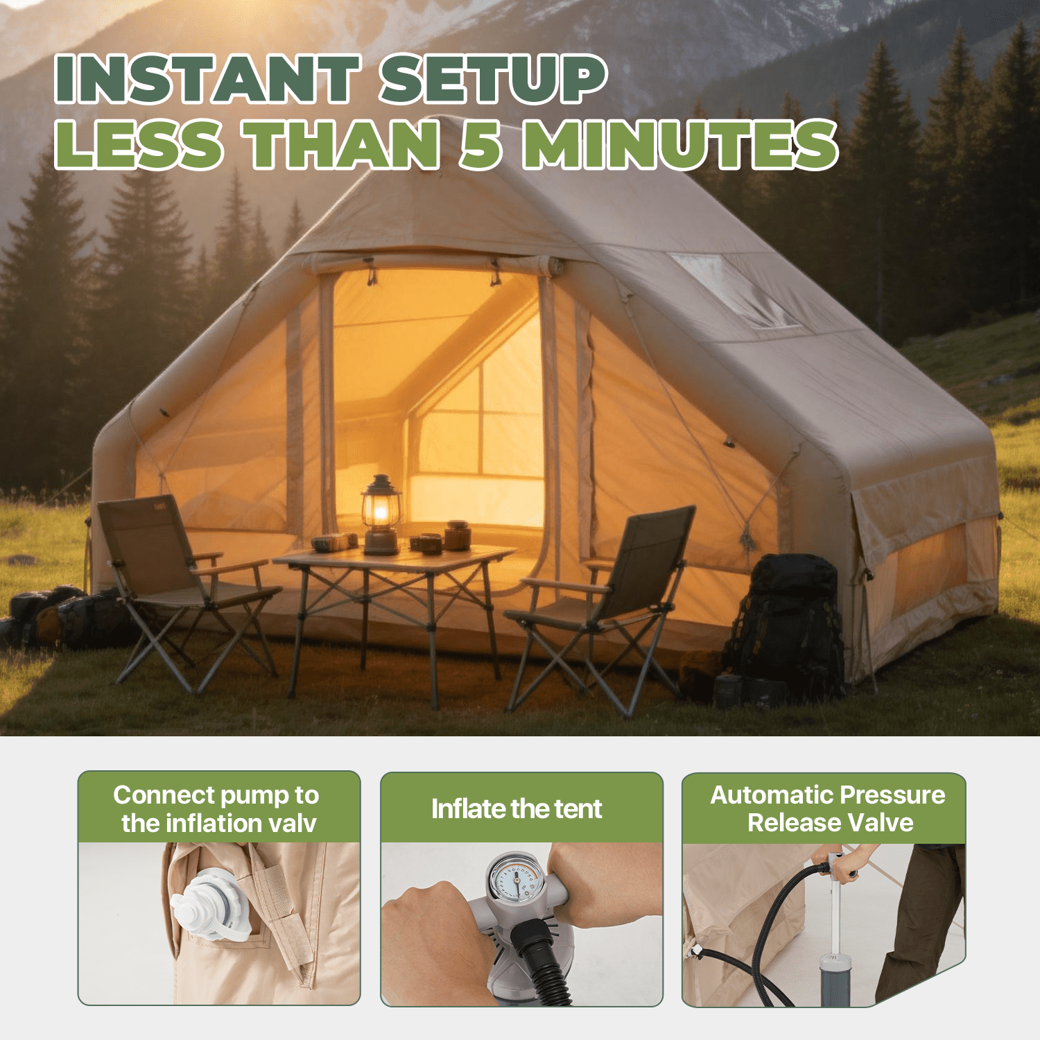 BaPiPro 4-8 Person Inflatable Camping Tent with Pump, Weatherproof Outdoor Shelter with Carry Bag, Easy Setup for Family Camping, Hiking & Backpacking