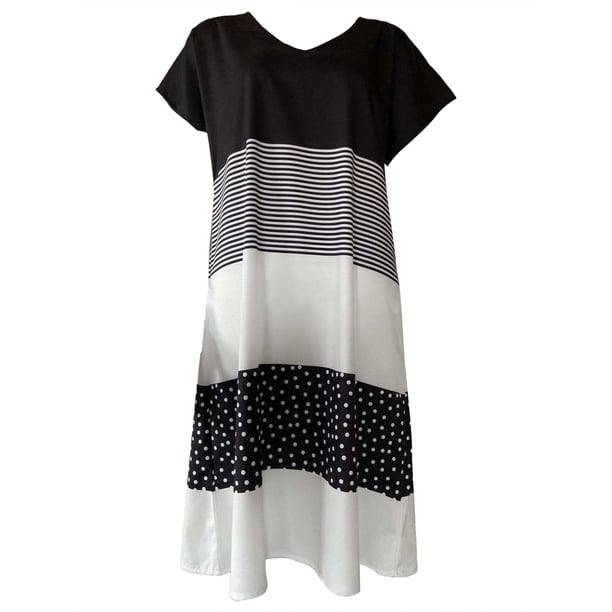 Gibobby Vestido Mujer Casual de Playa Verano Vestido casual con cuello en V y manga corta a rayas de lunares para mujer(Negro,CH)