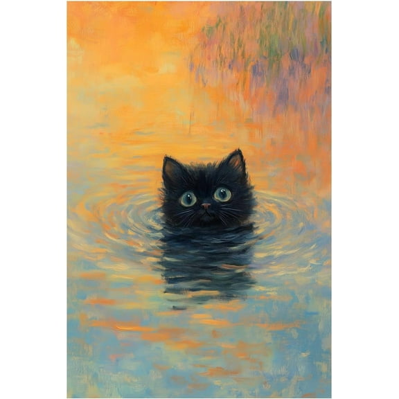 Korrazi Metal Sign Black Cat Wall Art Monet Sunrise Inspired Vintage Print Cute Cat in Sunrise Painting for Room, Bedroom, Living Room, Bathroom Wall Decor Aesthetic