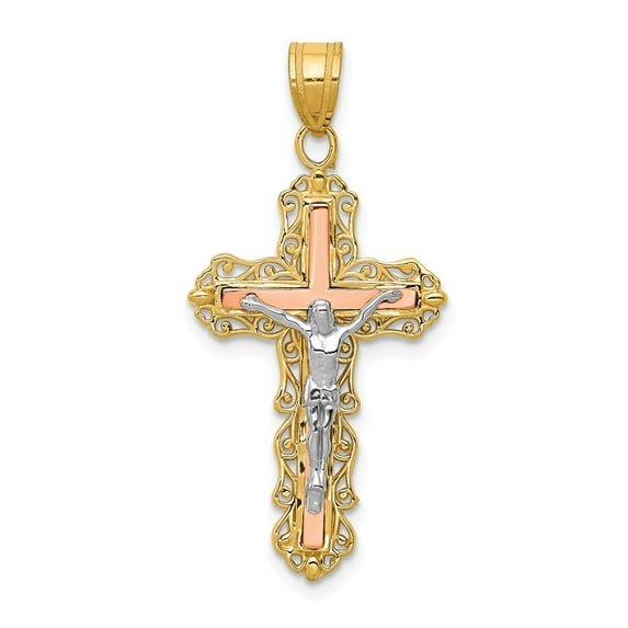 FB Jewels 14K Tri Color Gold Diamond-cut Crucifix Pendant