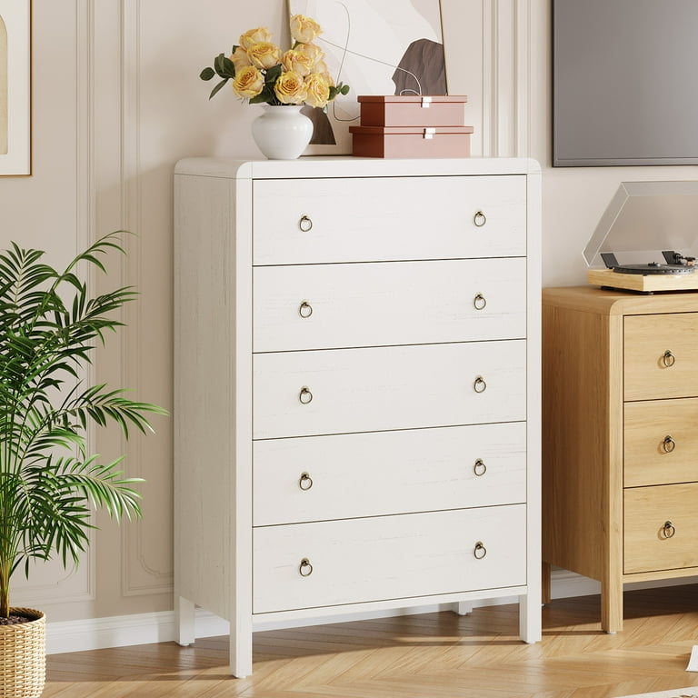 5-Drawer Dresser, Oak Finish Tall Storage Chest, Drawer Chest Bedroom Organizer Cabinet with Gold Ring Pulls, Mid-Century Modern Dresser for Living Room - Walmart.com 5-Drawer Dresser, Oak Finish Tall Storage Chest, Drawer Chest Bedroom Organizer Cabinet with Gold Ring Pulls, Mid-Century Modern Dresser for Living Room - Walmart.com