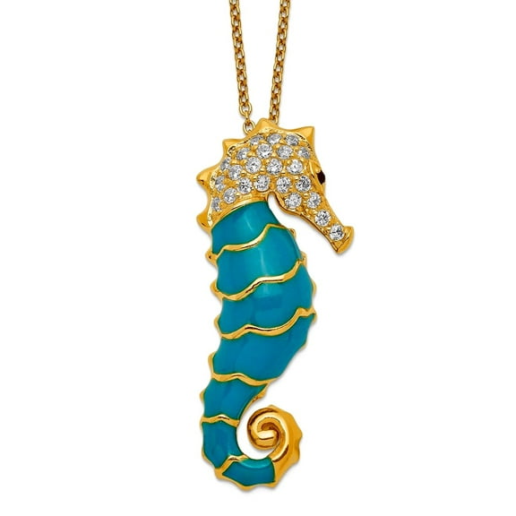 Gold Plated 925 Sterling Silver Fancy Lobster Closure Enameled Cubic Zirconia Seahorse Necklace 18 Inch 16mm Wide Pendan