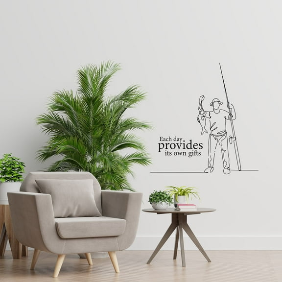 Each Day Provides Its Own Gifts - Quote Fishing Fiherman Line Art Silhouette Decoration Design Wall Sticker Art Decal Boys Girls Kids Room Design Bedroom House Home Decor Stickers Size (30x22 inch)