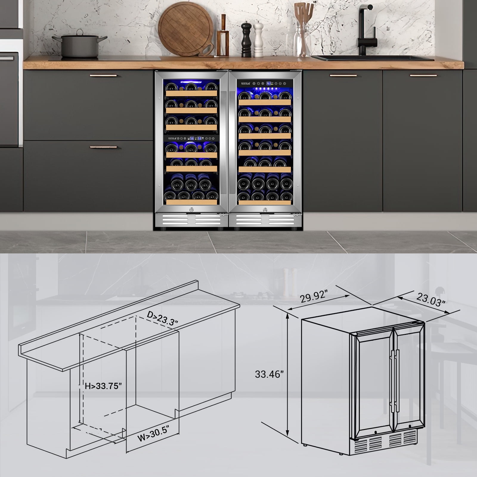 Tittla 15 Inch Dual Zone Wine Cooler and 15 Inch Single Zone Wine Cooler 60 Bottle with Upgraded Compressor Under Counter or Freestanding Low Noise