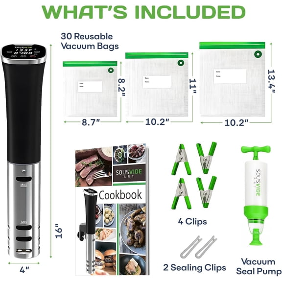 Sous Vide Immersion Cooker Kit - Machine with Digital Timer, Temp Control, 30 Bags, Vacuum Pump, Suvee Cooker Gift for Chefs