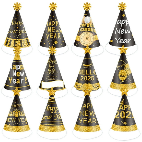 12pcs Happy New Year Party Hats, 2025 New Year's Eve Party Decoration Cone Hats for kids and adults(29*20cm)