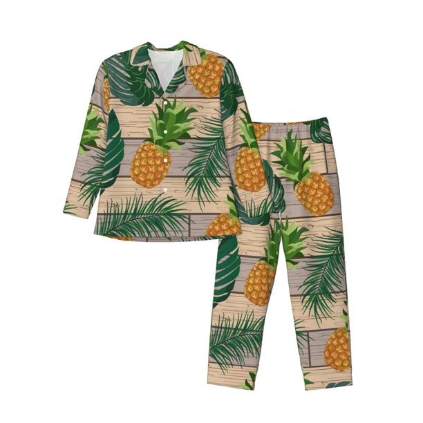 Fotbe Pineapples Palm Leaves Pijama de Hombre con Estampado de Manga Larga, Conjunto de 2 Piezas, Ropa de Dormir Suave y Cómoda con Bolsillos-X-Large