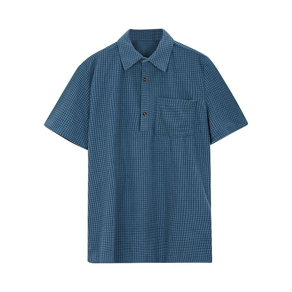 matoen Men's Casual Polo Collar Short Sleeve Tops Home Vintage Button Blouse Have Pockets Solid Color Loose Shirt