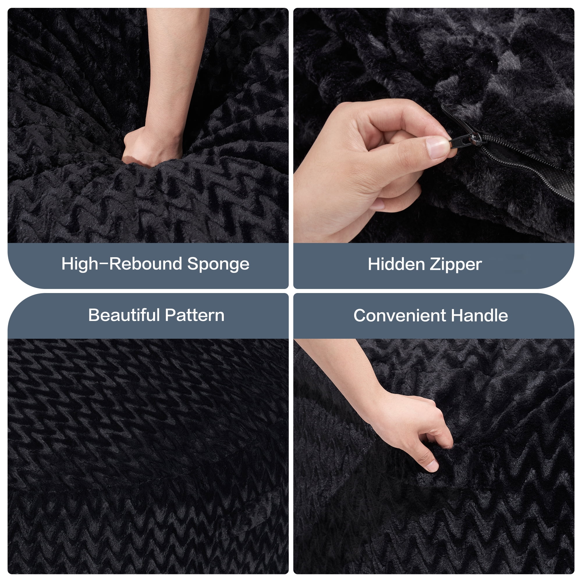 Hobestluk 3ft Bean Bag Chairs for Adults Large Beanbag Chair with Chevron Plush Fur Cover Big Bean Bag Chair for Living Room Bedroom Dorm Office - Black (36” x 36” x 22”)