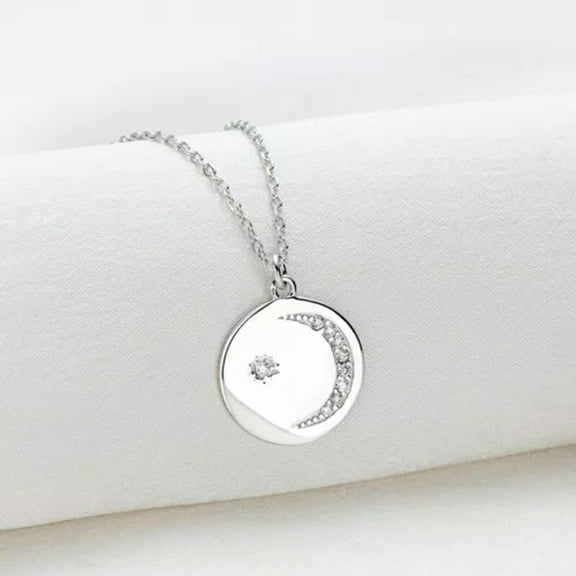 K-KED Coin Disc Moissanite Pendant Necklace for Women Moon & Star 925 Sterling Silver