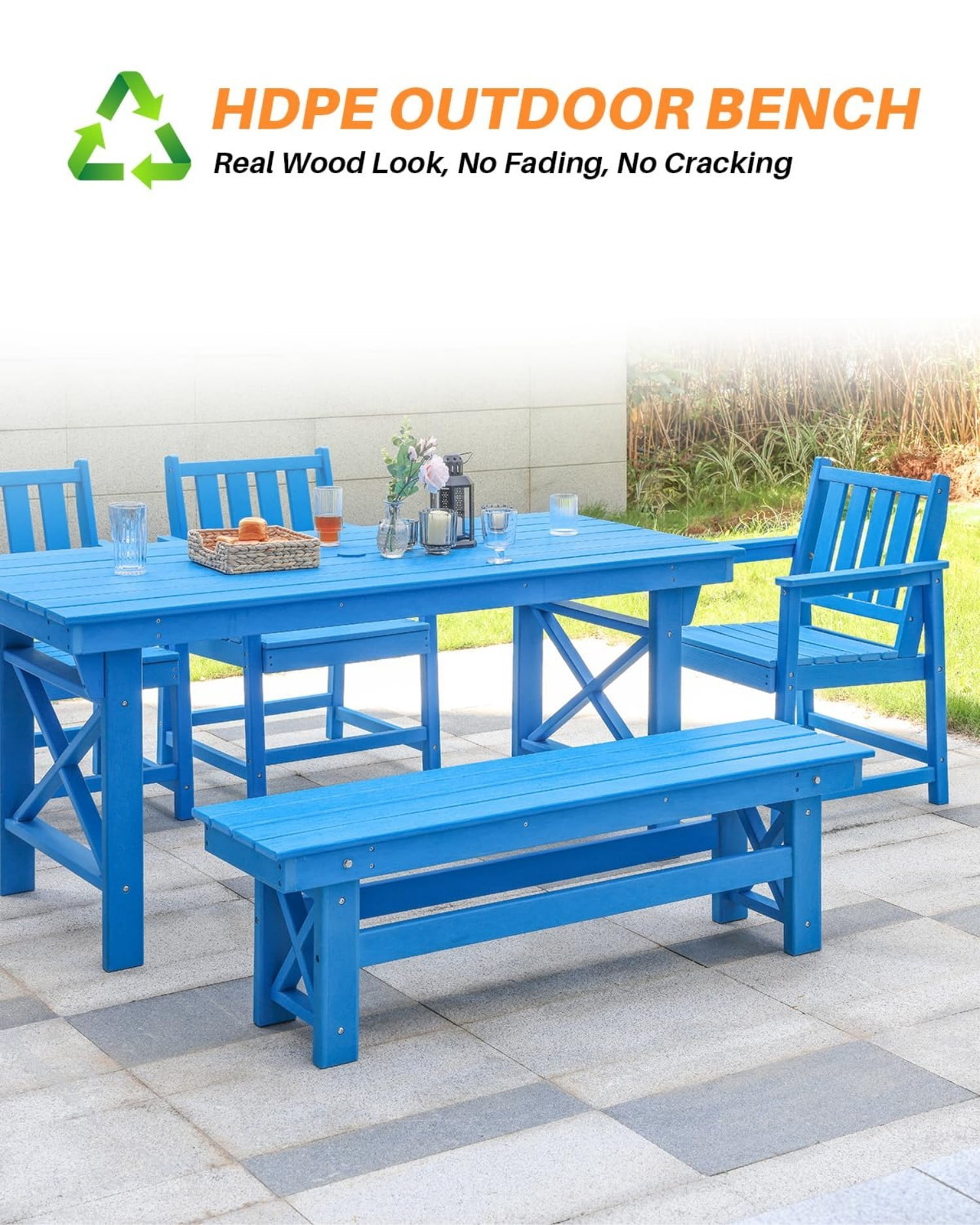 HDPE Outdoor Dining Table for 6, 66.9" Rectangle Patio Dining Table with 2.2" Umbrella Hole, All Weather HDPE Outdoor Table for Backyard, Deck, Garden, Poolside, Sky Blue