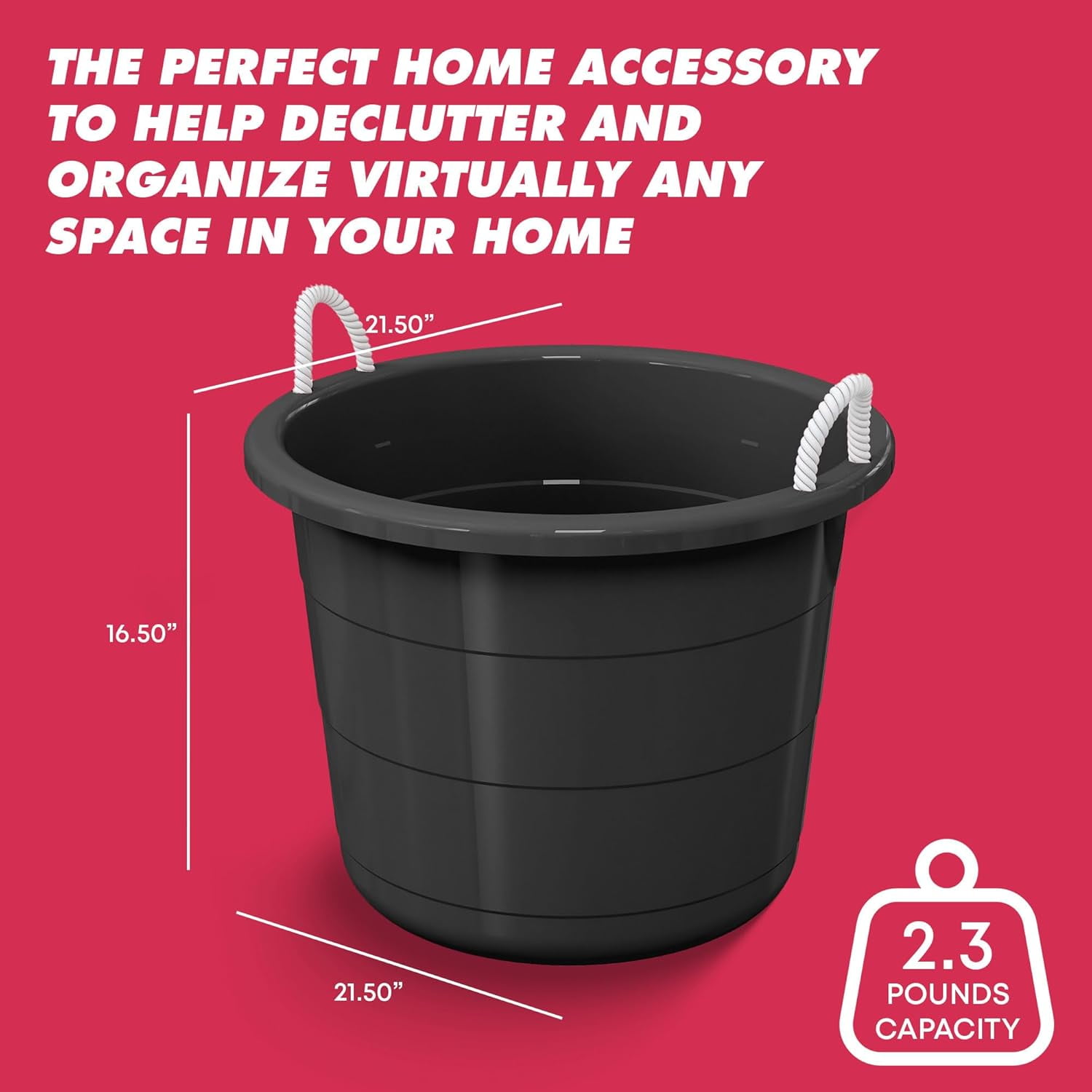 (2 pack) Life Story Flexible 17-Gallon Plastic Storage Tub with Rope Handles, Multi-Purpose Utility Bucket (Black)