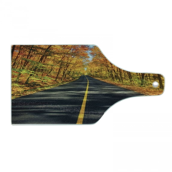 Fall Cutting Board, Endless Rural Road Through Vibrant Treed Corridor Landscape Scenic Countryside View, Tempered Glass Cutting and Serving Board, Wine Bottle Shape, Multicolor, by Ambesonne