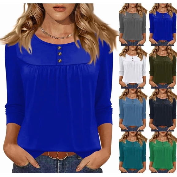 Henley Shirts for Women 3/4 Length Sleeve Womens Tops Button Up Blouse Pleated Dressy Tunic Tops Royal Blue 3XL