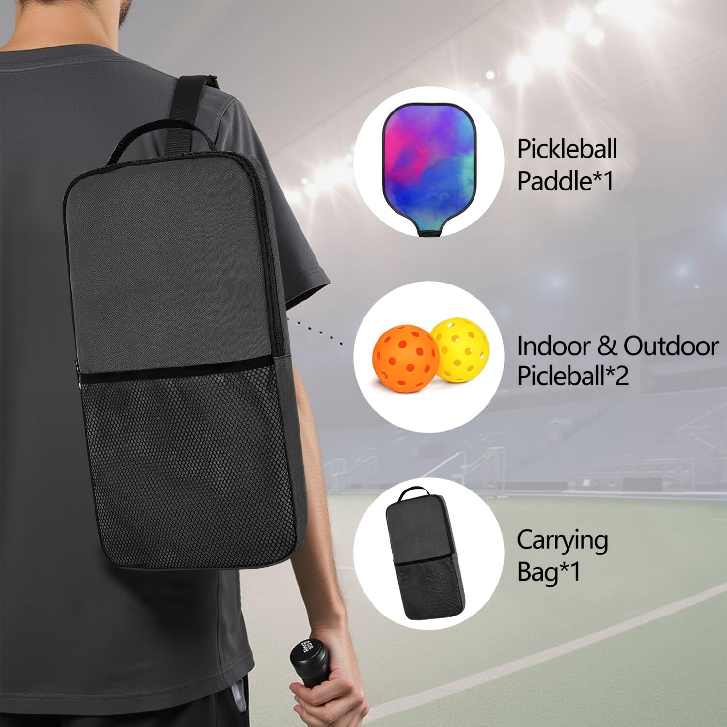 Pickleball Paddles Set Of 1, Fiberglass Surface, Fluid Smoke Aurora Art Style, 1 Paddle, 2 Balls & Bag
