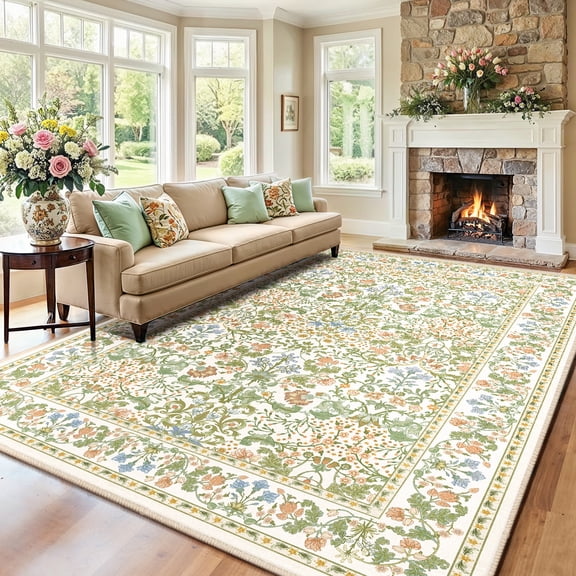 CHITOOMA 8'x10' Area Rugs for Living Room, Floral Washable Rug Boho Non-Slip Printed Carpet, Vintage Stain Resistant Indoor Rug for Bedroom Dining Room Home Office