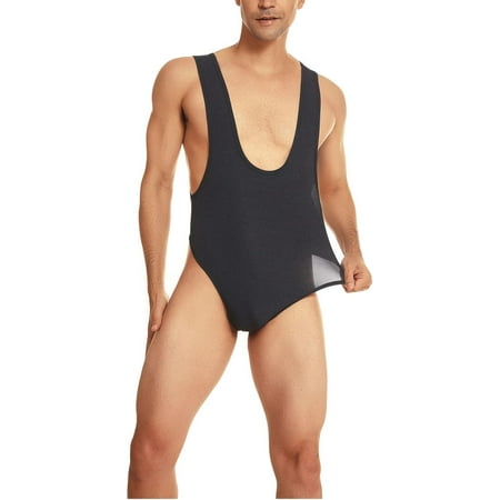 QIUYI Mens Sleeveless High Cut Thong Leotard Bodysuit One Piece Backless Deep U Neck Solid Singlet Undershirt Activewear