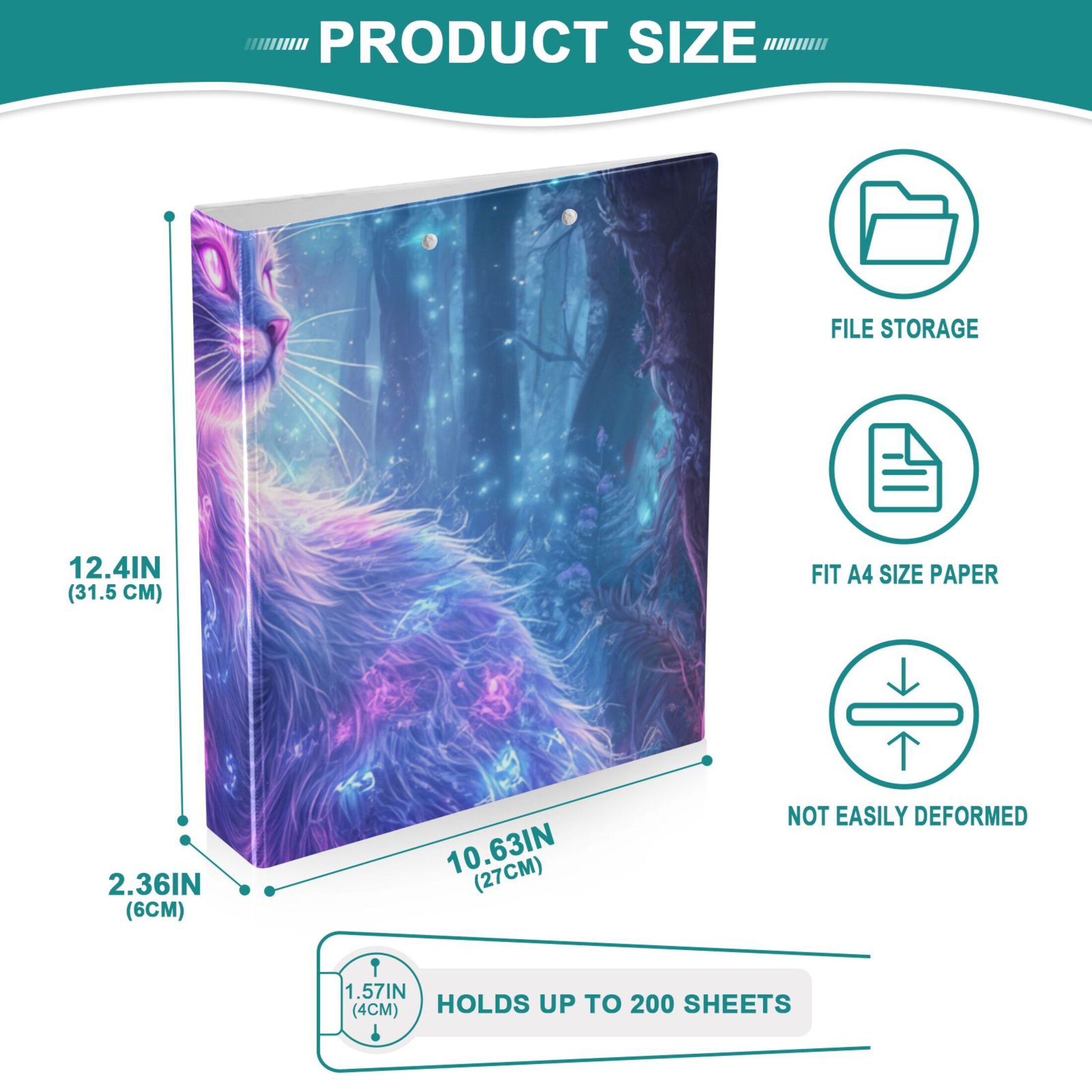 Cat Glowing Neon Hair 3 Ring Binders 1.5 inch Hardcover File Folders with Interior Pockets A4 Size Organizer for School Office Hospital