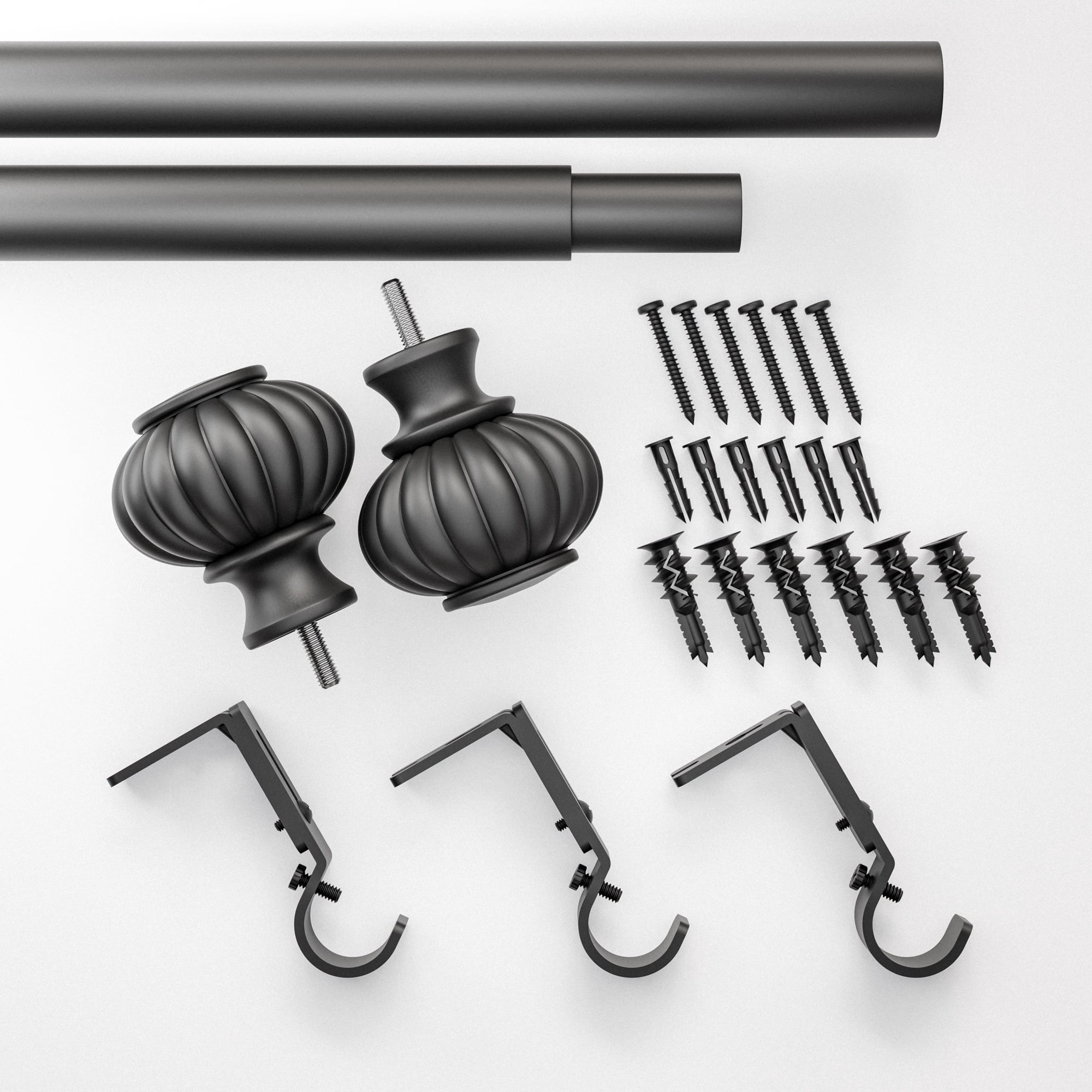 Better Homes and Gardens 1" Matte Black Ribbed Knob Adjustable Single Rod Set, 42"-120"