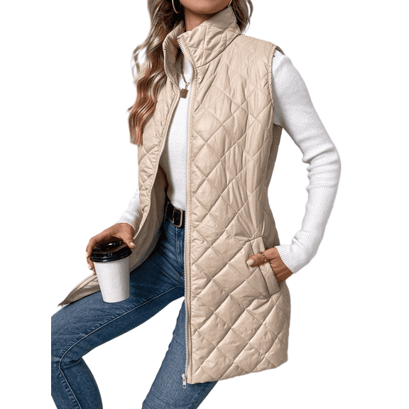 Cuteduck Women's Vest Fall Spring Sleeveless Stand Collar Long Lightweight Quilted Pocketed Zipper Casual Jacket S-2XL