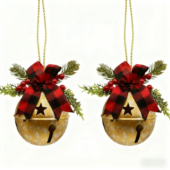 2PC 6IN Large Christmas Sleigh Bells Rustic Xmas Hanging Sleigh Bells with Coarse Rope Star Cutouts Ornaments for Vintage Christmas Fireplace Tree Garden Decoration Supplies Bow