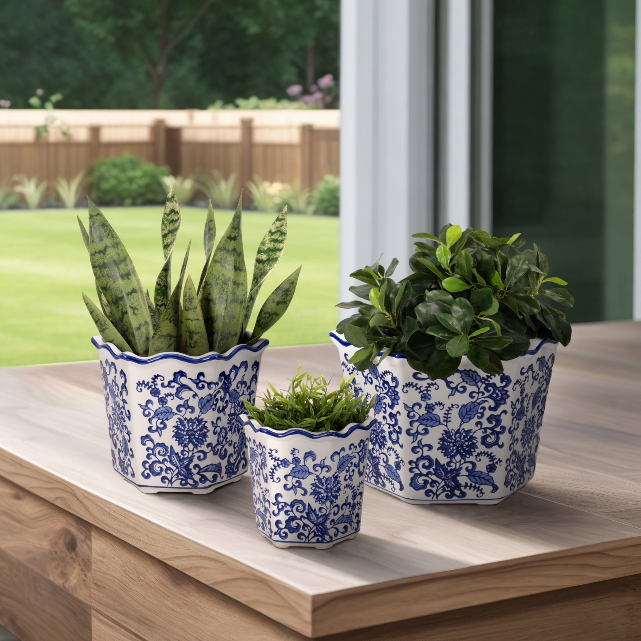 Chinoiserie Flower Pots for Home Decor - Stoneware Ceramic Bowls with Floral Design for Planters for Indoor and Outdoor Plants - Pots For Plants Accent for Garden - Set of 3, 9", 8", 7", Blue & White