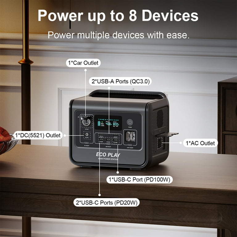 Eco Play 800W AC Portable Power Station EP800, 512Wh LiFePO4