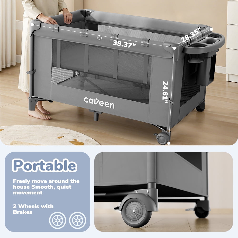 Baby Bassinet, Caveen 5 in 1 Baby Playard with Bassinet, Portable Baby Crib, with Removable Changing Station & Storage Organizer, Grey