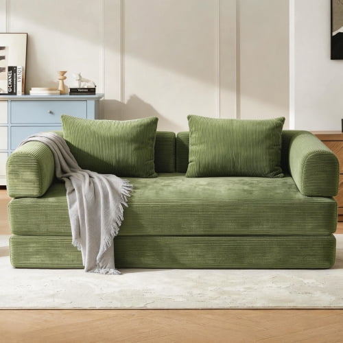 78" Corduroy Convertible Sleeper Sofa Bed, Boneless Futon Couch Floor Lounger Loveseat with Pull Out Mattress, Green