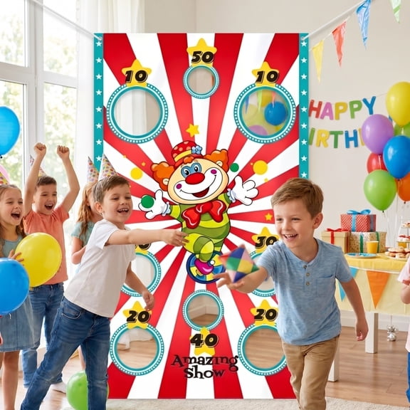 Circus Carnival Footbag and Bean Bag Toss Flag Set with Hanging Banner and Garland,Footbag Sack and Assorted Juggling Balls,Outdoor Indoor Party Decor and Event Background Supplies Kit
