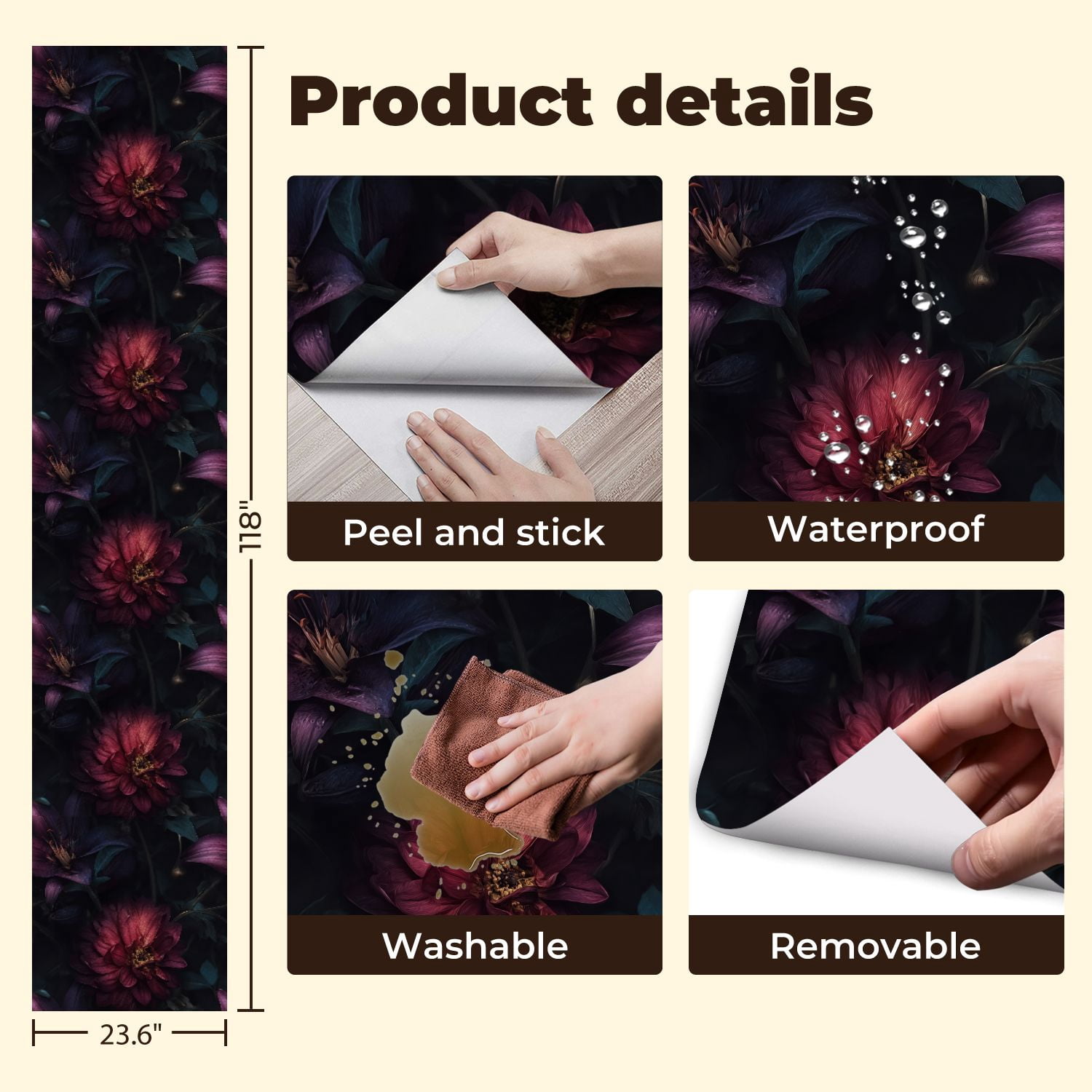 Peel and Stick Wallpaper Dark Floral Bloom Deep Red Petals Moody Botanical Wall Mural 23.6in x 9.8ft Self Adhesive Removable Wall Paper Renter Friendly Wallpaper for Bedroom