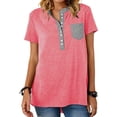 thumbnail image 1 of Camiseta con cuello redondo para mujer, camiseta de manga corta con bloques de color y cuello redondo con un solo pecho, color rojo rosa L, 1 of 6