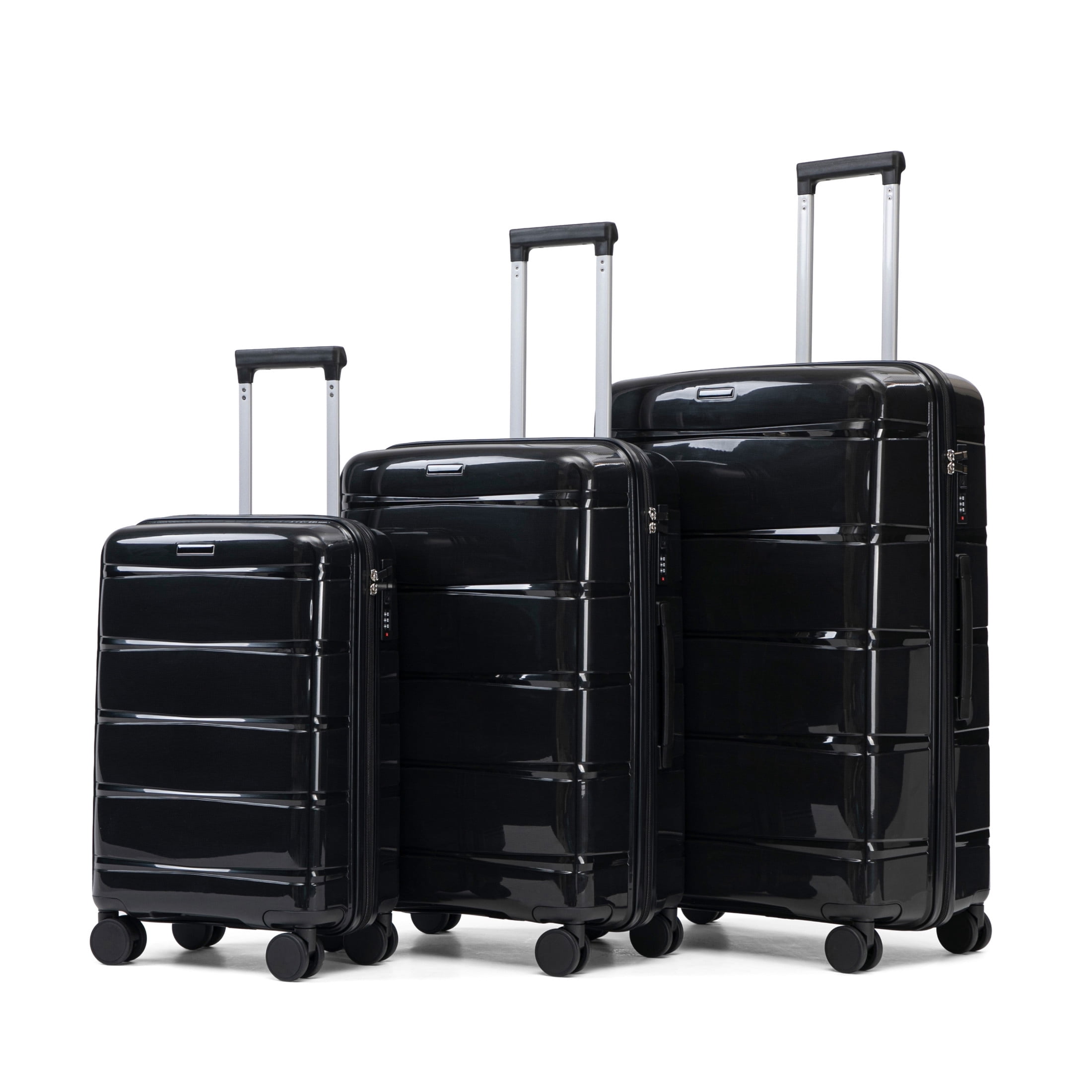 GDF Studio 3-Piece 20"/24"/28" PP Hardshell Travel Luggage Set with Spinner Wheels & Combination Lock, Black