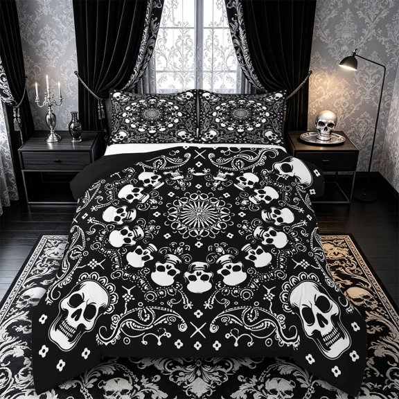 Castle Fairy Boho Gothic Skull Full Size Comforter Sets 3-Piece,Traditional Floral Bedding Comforter Set,Black Ivorys,1 Comforter and 2 Pillowcases,Black Reversible