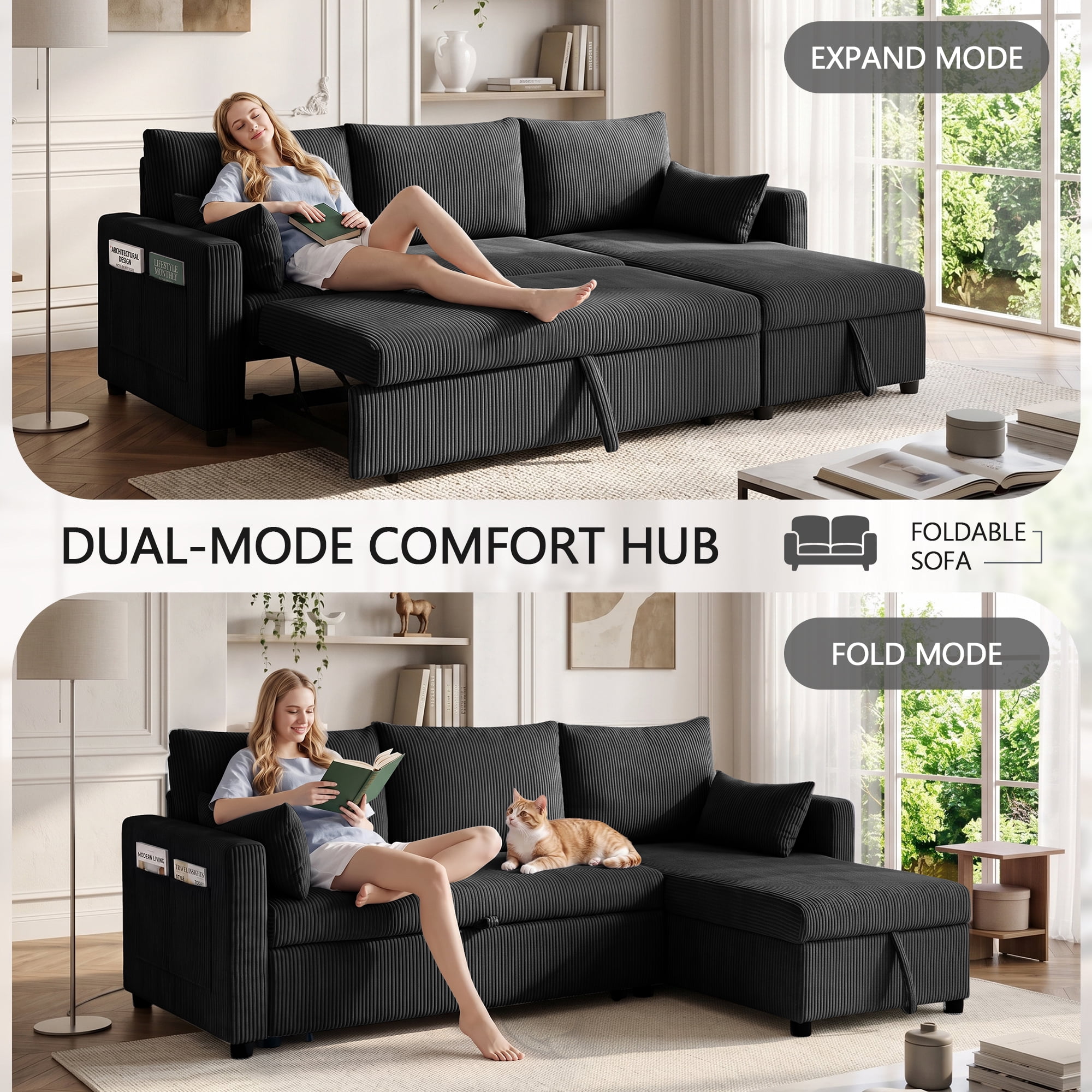 Xiweot Convertible Sectional Sleeper Sofa Bed, 85" L Shaped Couch with Pull Out Bed, Side Pockets & Storage Chaise, Corduroy 3 Seater Sectional Couch for Living Room Apartment (Black)