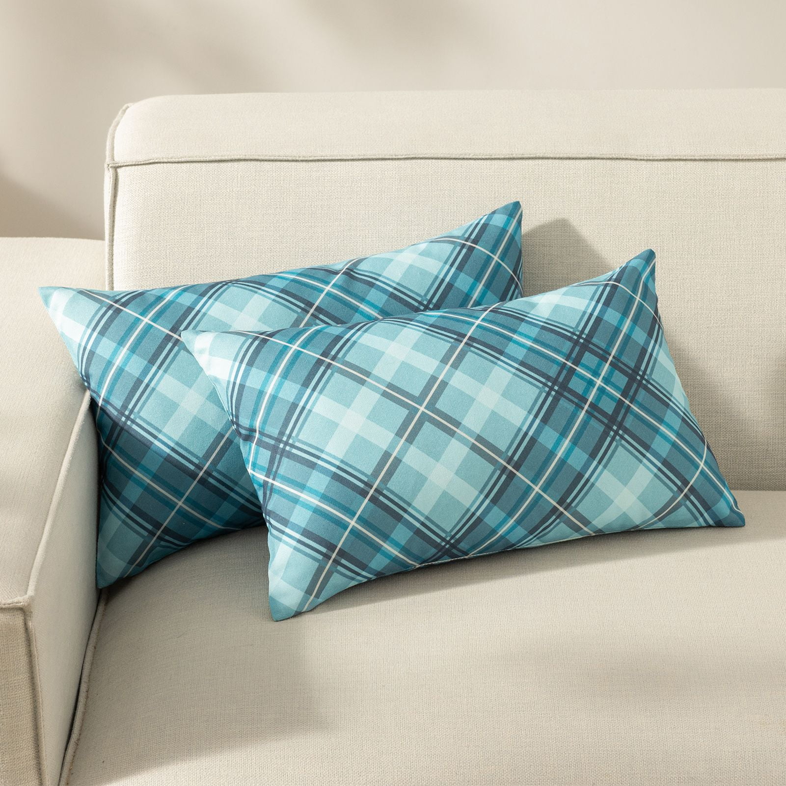 Phantoscope Buffalo Plaid Decorative Throw Pillows with Inserts, Double-Sided Printed Checkered Design, 12 x 20 in, Teal, 2 Pack
