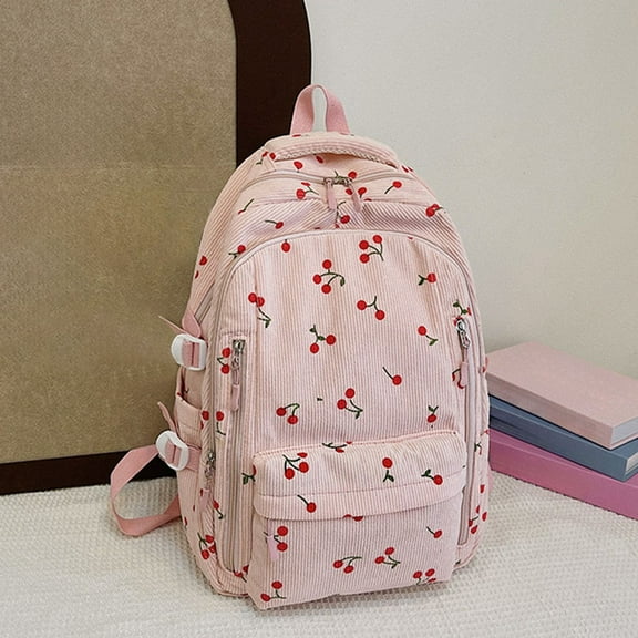 TIREOW Women Cute Cherry Print Preppy Bag Large Corduroy Bookbag Aesthetic Backpack Kawaii Daypack Lightweight 17-In Laptop Bag Travel Aesthetic Backpack