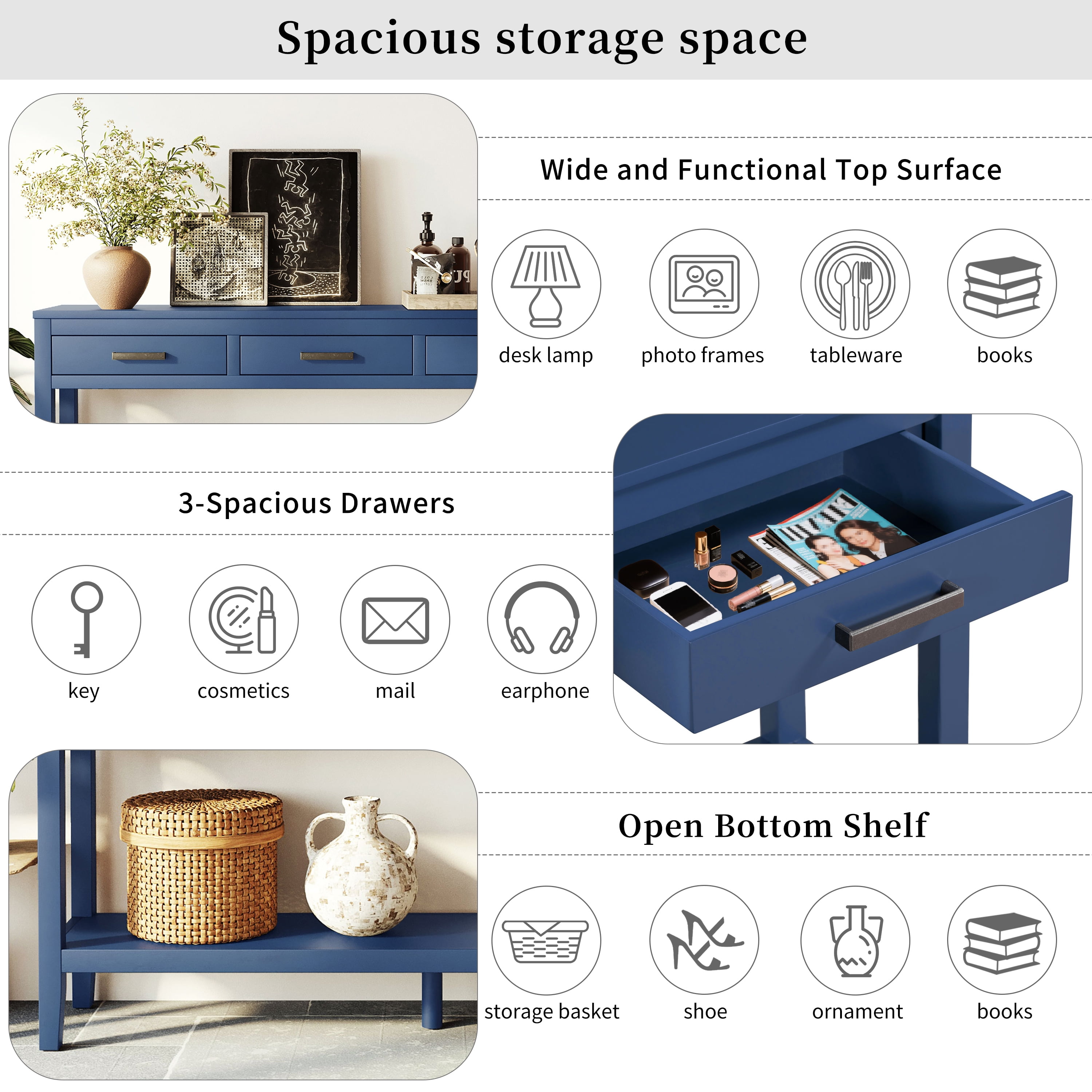 EUROCO 59.1" Longer Console Table, Narrow Wood Sofa Table with 3 Drawers and Open Storage Shelf,2 Tier Behind Couch Table Entryway Table for Living Room,Entryway,Hallway,Navy Blue