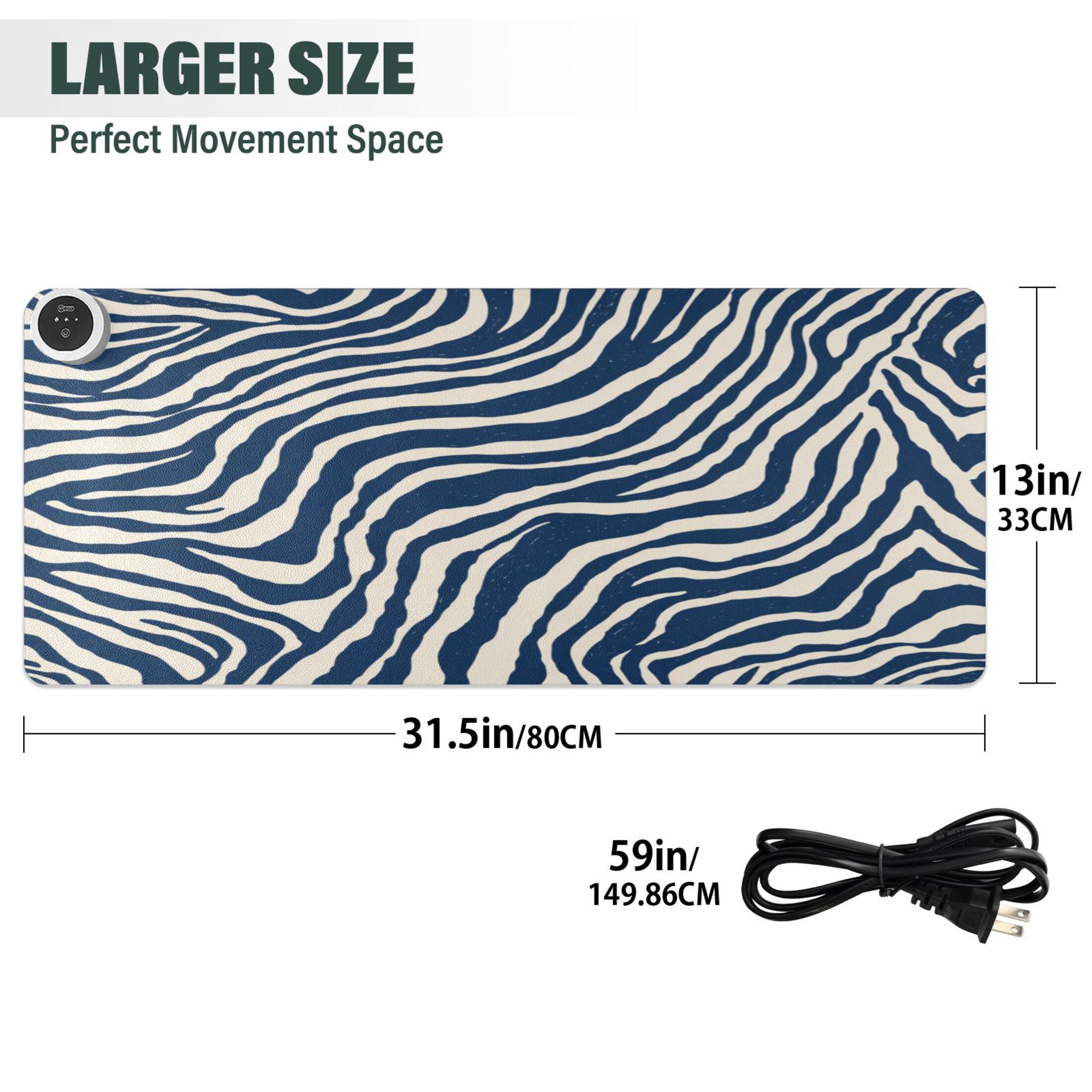 Large Heated Desk Mat Mouse Pad 31.5"x13"PU Leather Graphene Heating Desk Warmer with 3 Temperature Settings 110V US Plug Non-Slip Warm Pad for Home, Office, and Gaming Digital Blue Zebra Stripes