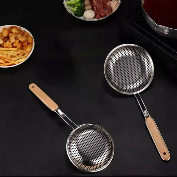 Colador grande de acero inoxidable con mango de madera | Cesta de cocina de 38 cm para freír fideos, albóndigas y verduras | Colador multiusos para alimentos y leche de soja | Fácil de limpiar y