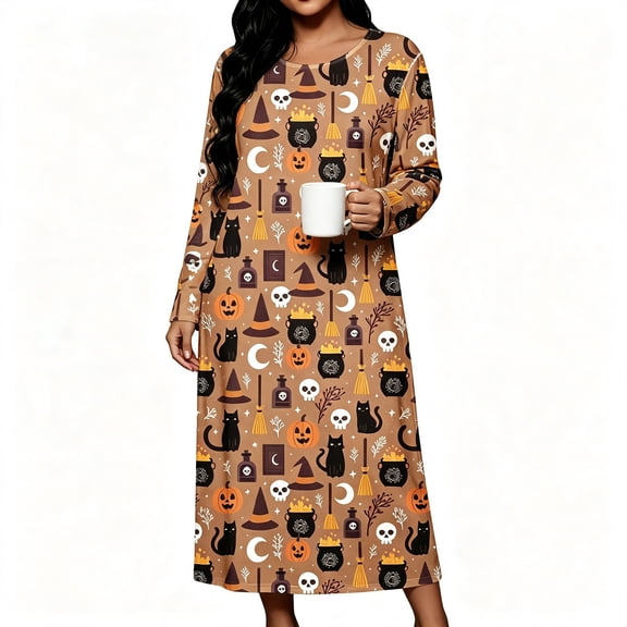 FAZVAOO Nightgowns for Women,Plus Size Long Sleeve Soft Crew Neck Graphic Casual Homewear Brown L