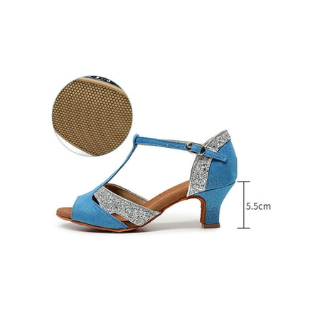 

Crocowalk Ladies Dance Shoes T-Strap Heeled Sandal Peep Toe Sandals Womens Jazz Shoe Party Breathable Mid Heel Chunky Heels Blue Silver Rubber Bottom 7