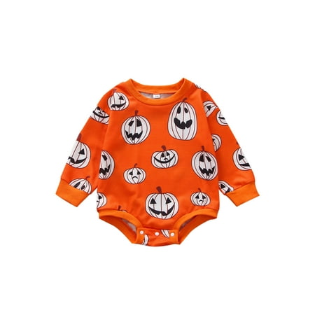 

Amuver Baby Romper Halloween Evil Pumpkin Print Long Sleeve Crew Neck Bottom Snap Cute Jumpsuit