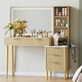 thumbnail image 2 of Ataucjin Fluted Makeup Vanity Desk with 36" HD Lighted Mirror, 48" Big Modern Vanity Desk with Mirror and Lights, Dressing Table with 5 Drawers & Shelves, Glass Top for Bedroom, 2 of 6