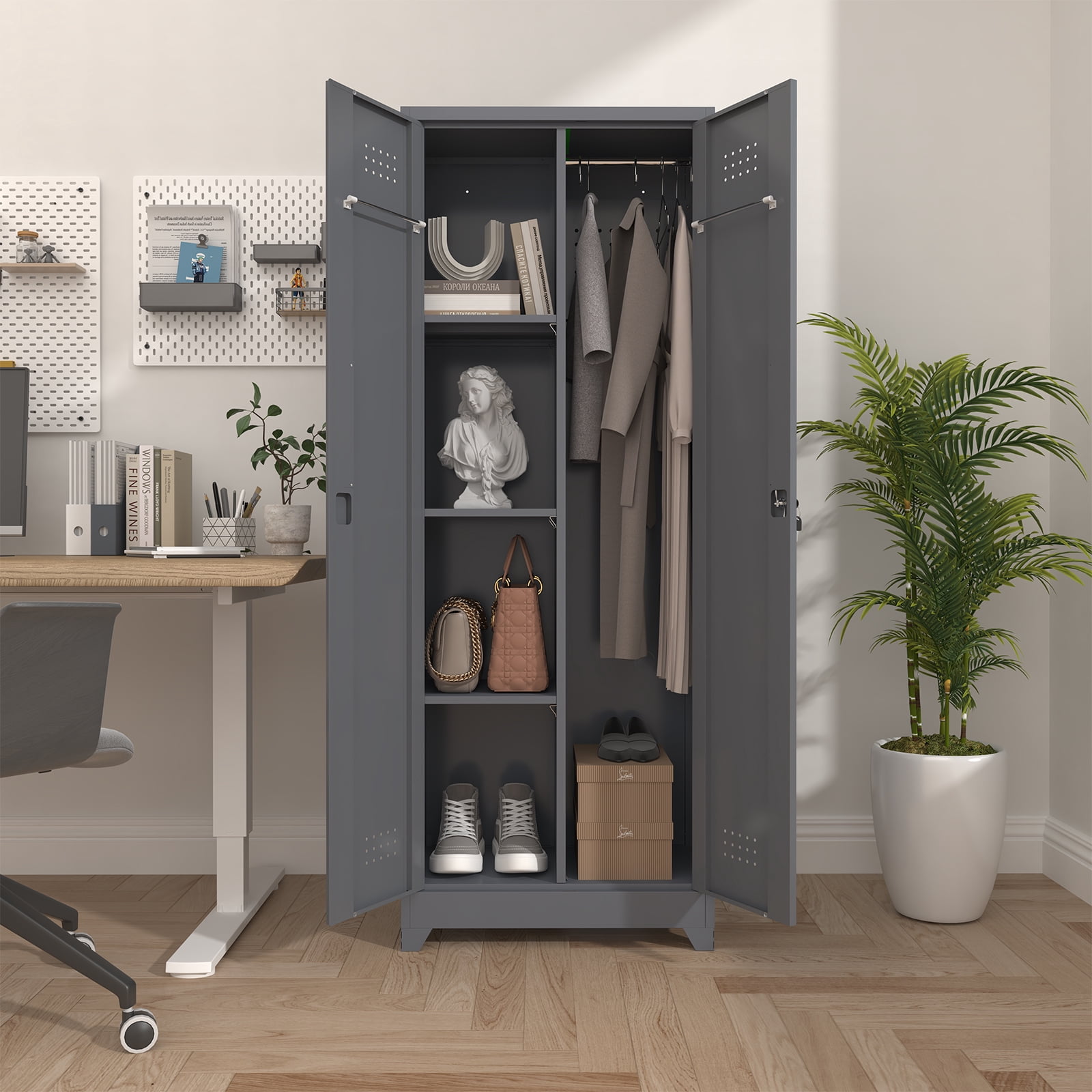 Marcree Broom Closet Storage Cabinet,Cleaning Supply Storage Cabinet,Metal Cleaning Closet Cabinet with Adjustable Shelves for Laundry Room Basement