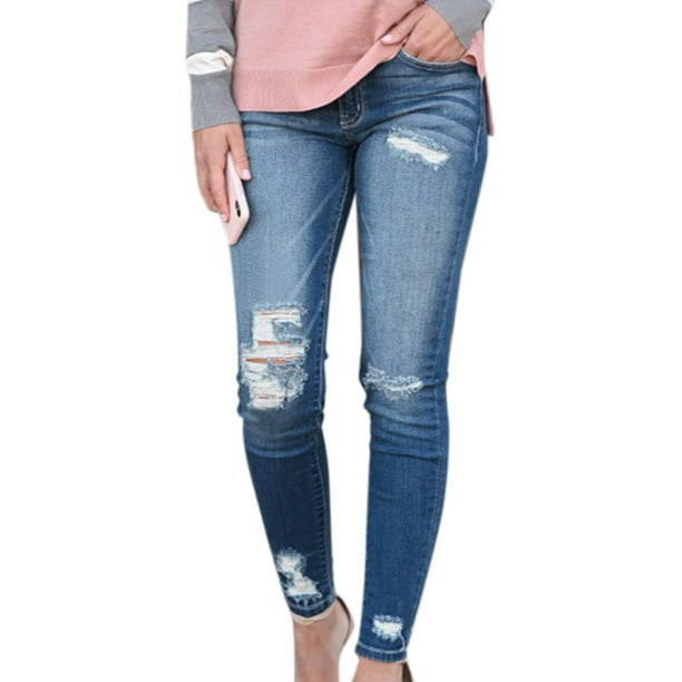Wodstyle - Womens Denim Leggings Holes Ripped Pants Stretch Trousers Casual Skinny Jeans